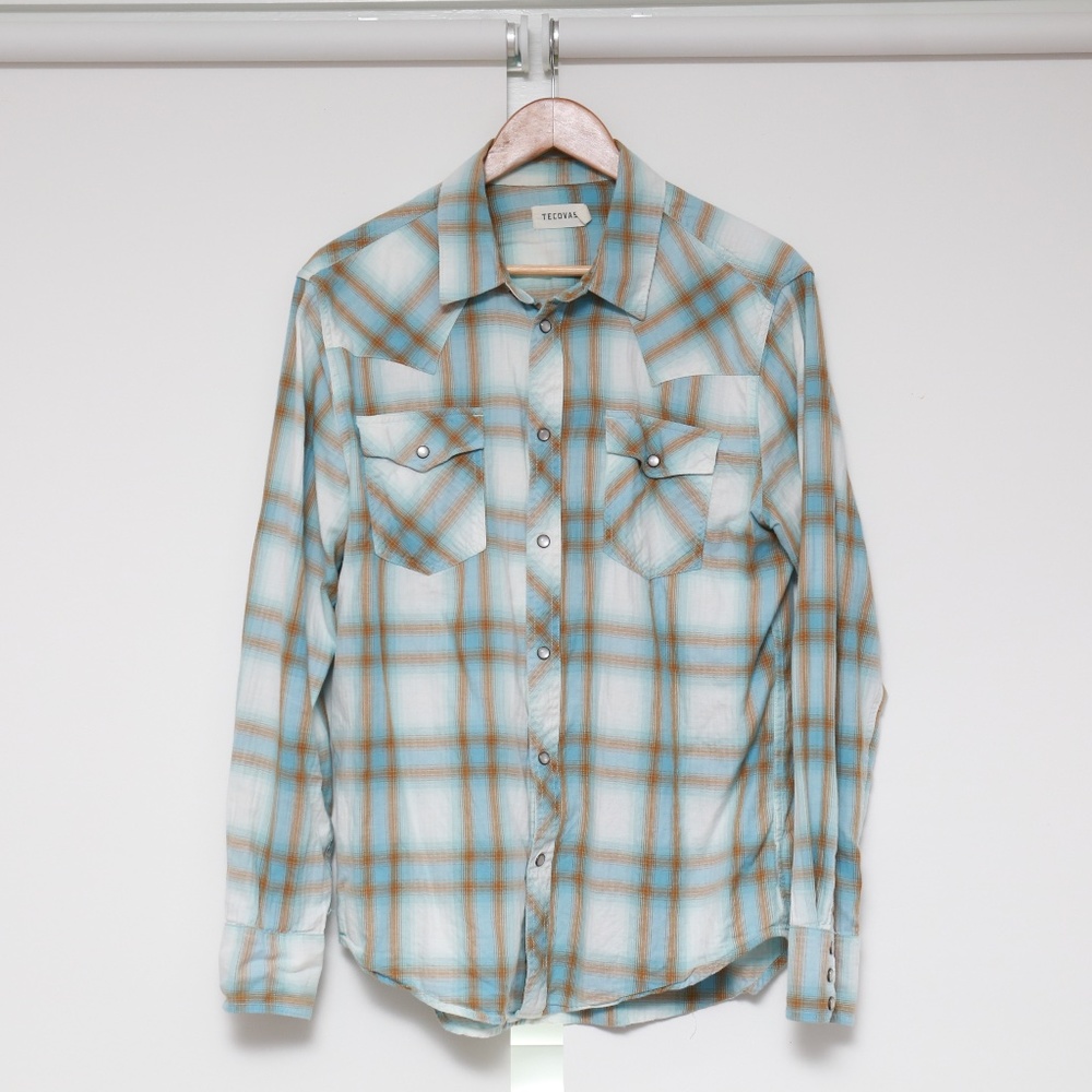 Tecovas cowboy pearl snap button down blue plaid size M